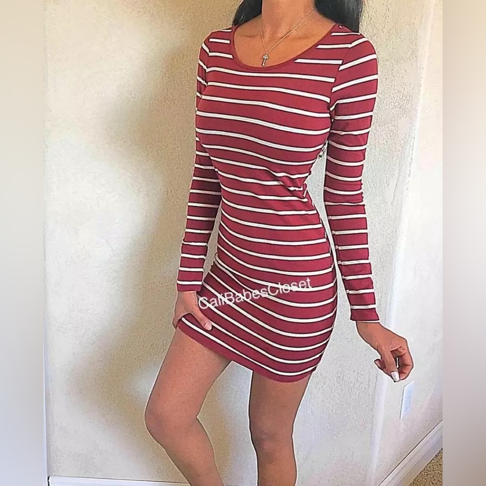 🛍️2/$30 🛍️NEW Burgundy White Preppy Stripe Casual Flattering Mini Dress 505